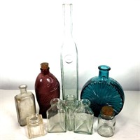 (9) Vintage Bottles, Clear, Blue, Amethyst