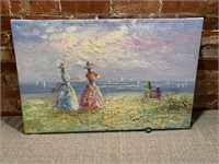 Victorian Beach Scene, Signed. Oil Painting