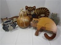 Decorative Cat Lot of 5--4 Wooden, 1 Gourd