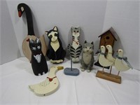 Wooden Figurine Lot--Duck, Goose, Cats, Birdhouse