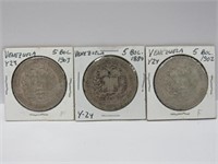 3 Silver coins Venezuela 5 Bolivar