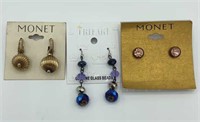 Lot of 3 MONET & TRIFARI Earrings Glass Beads