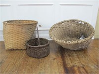 LOT OF 2 LARGE OAK COTTON BASKETS + 1 SMALL