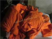 orange hunting bibs jacket and hats