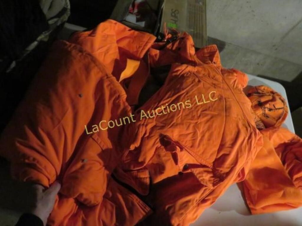orange hunting bibs jacket and hats
