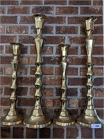 4 PC INDIAN BRASS CANDLE STANDS 30IN TALLEST