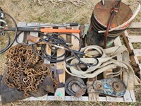 Pallet with slings, sledge hammer, tiger torch,