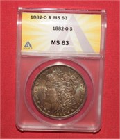 1882-O Toned Morgan Silver Dollar  MS63  ANACS