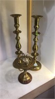 3 PC - 2 BRASS CANDLE HOLDERS & METAL GLOBE