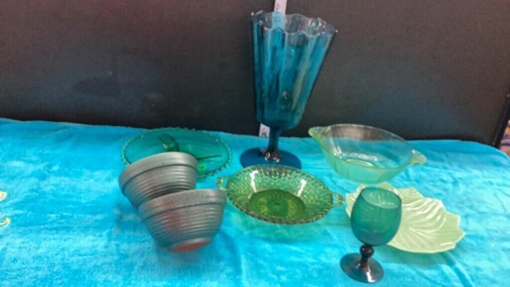 Assortment of Green glass & Vase
