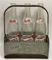 Pepsi Cola Tin Carrier & 3 Glass Bottles