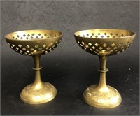 2 Solid Brass Pierced Footed Candlestick Holders