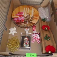 VINTAGE CHRISTMAS TIN, PLASTIC ICICLES, ORNAMENTS