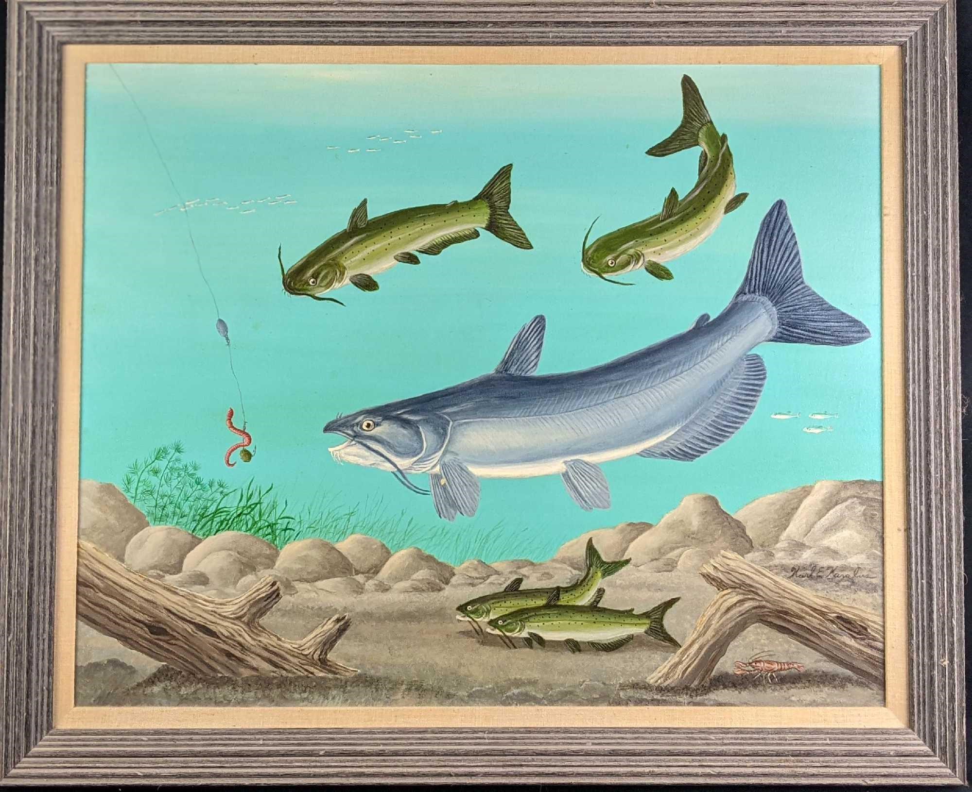 Original Framed Acrylic On Canvas Fishing Karl Kar