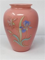 Pink Art Glass Vase with Painted Irises