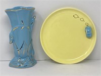Yellow Decorative Plate and Pearl Blue Vase