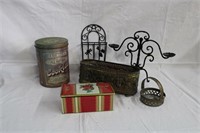 Cast metal candle holder, wire wall pocket,
