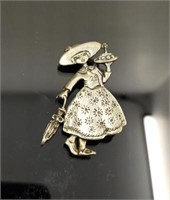 Sterling silver Lady with Parasol brooch pin
