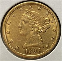 1896-S $5 Liberty Head Gold Half Eagle, Var 2 (AU)