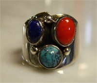 Turquoise, Lapis, Coral Inset Sterling Ring.