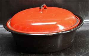 Vintage Red & Black Enamel Ware Stock Pot
