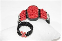 Red coral & black leather expandable bangle