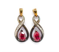 Pair of 9ct gold red gemstone diamond set earrings