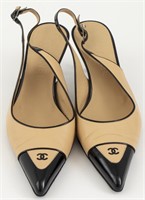 Chanel Tan And Black Patent Leather Shoes, Sz. 39