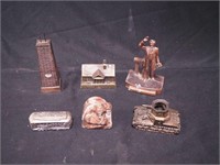 Six metal souvenir items: Lincoln at Gettysburg;