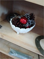 White Glass Bowl with Christmas Decorations