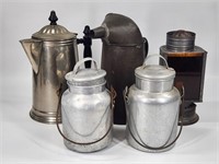 MILK PAILS, OIL CAN, COFFEE POT, LANTERN