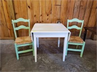 PAINTED DROPLEAF TABLE AND TWO RUSH BOTTOM CHAIRS