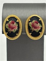 Vintage Gold Tone Embroidered Earrings