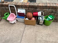 (2) Coolers; Bucket; Drink Dispenser; Balls, etc.