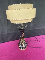 MCM pottery lamp, gold accents Fiberglass shade