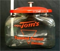 Square glass Tom's canister, red writing