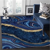 Royal Blue Gold Swirl Marble Rug  Non-Slip 3x4ft
