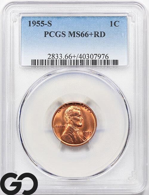 1955-S Lincoln Wheat Cent, PCGS MS66+ RD Guide: 55