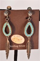 Indian Silver Turquoise Feather Drop Earrings