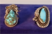 2 Indian Silver & Turquoise Stone Rings Signed