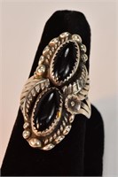 Indian Sterling & Black Onyx Stone Ring Signed