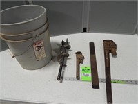 Pipe wrenches, rasp and a small auger in 5 gallon