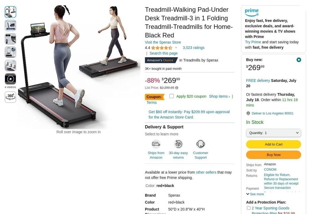 W8734  Black Red 3-in-1 Desk Treadmill