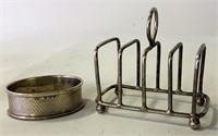 Small hallmarked silver toast rack and napkin ring