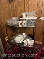 ROLLING CART W/ CRYSTAL & ETC. DISHES