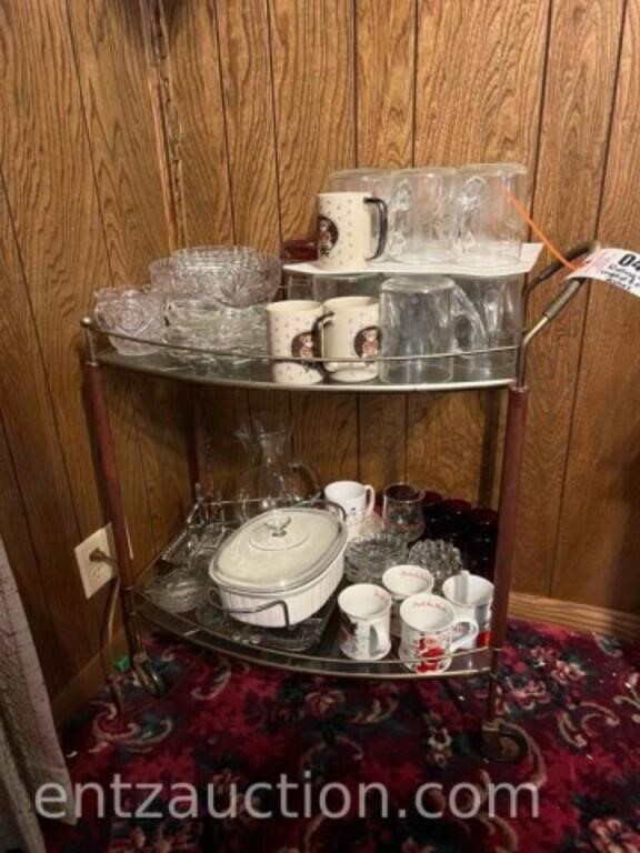 ROLLING CART W/ CRYSTAL & ETC. DISHES