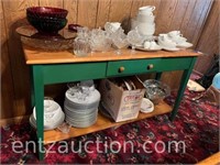 52" X 16" X 29" TABLE W/ CHINA SET AND CRYSTAL