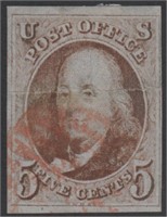 US Stamp #1 Used with heavy horizontal, CV $425
