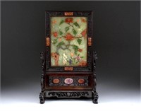 CHINESE WOOD FRAME TABLE SCREEN WITH INLAYS