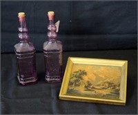 2 Purple Glass Bottles and Village Mill Print